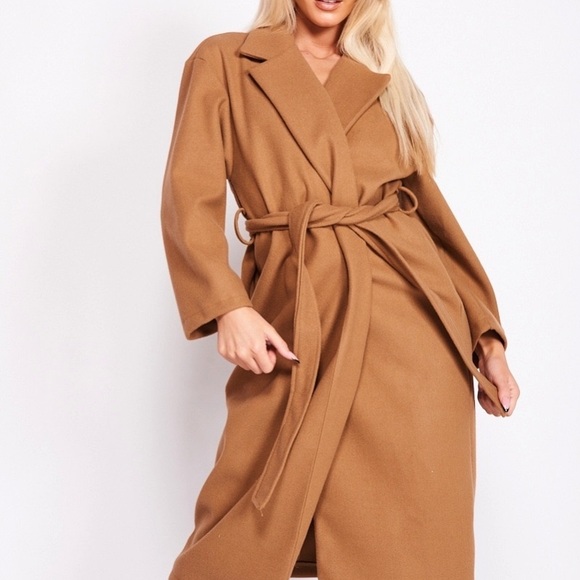 Brushed Self Belt Longline Coat Camel Color - Picture 4 of 7